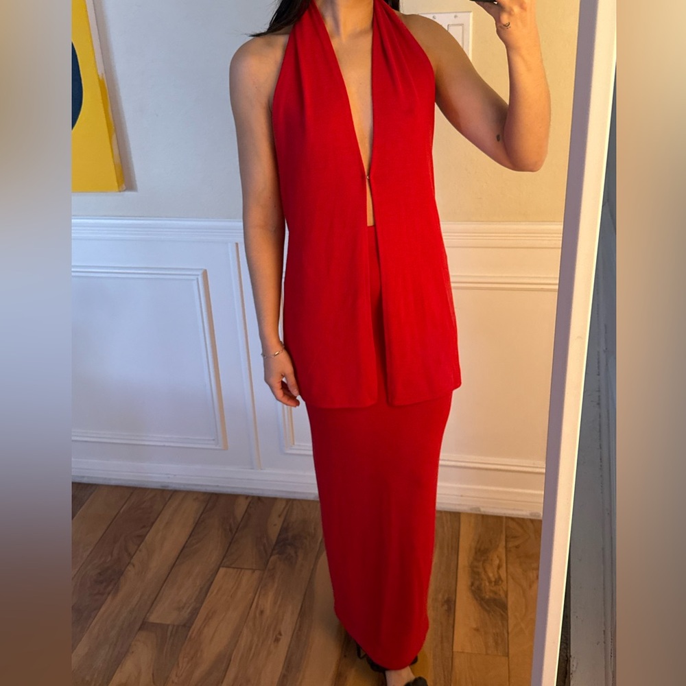 Pull&Bear Red Multi-way Knit Top and Maxi Skirt Set